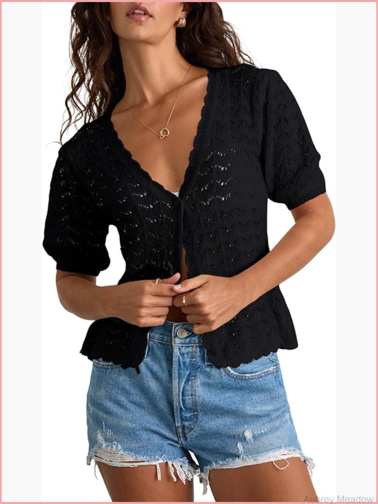Short Sleeve V-Neck Cardigan Lightweight Knit Button Up Top